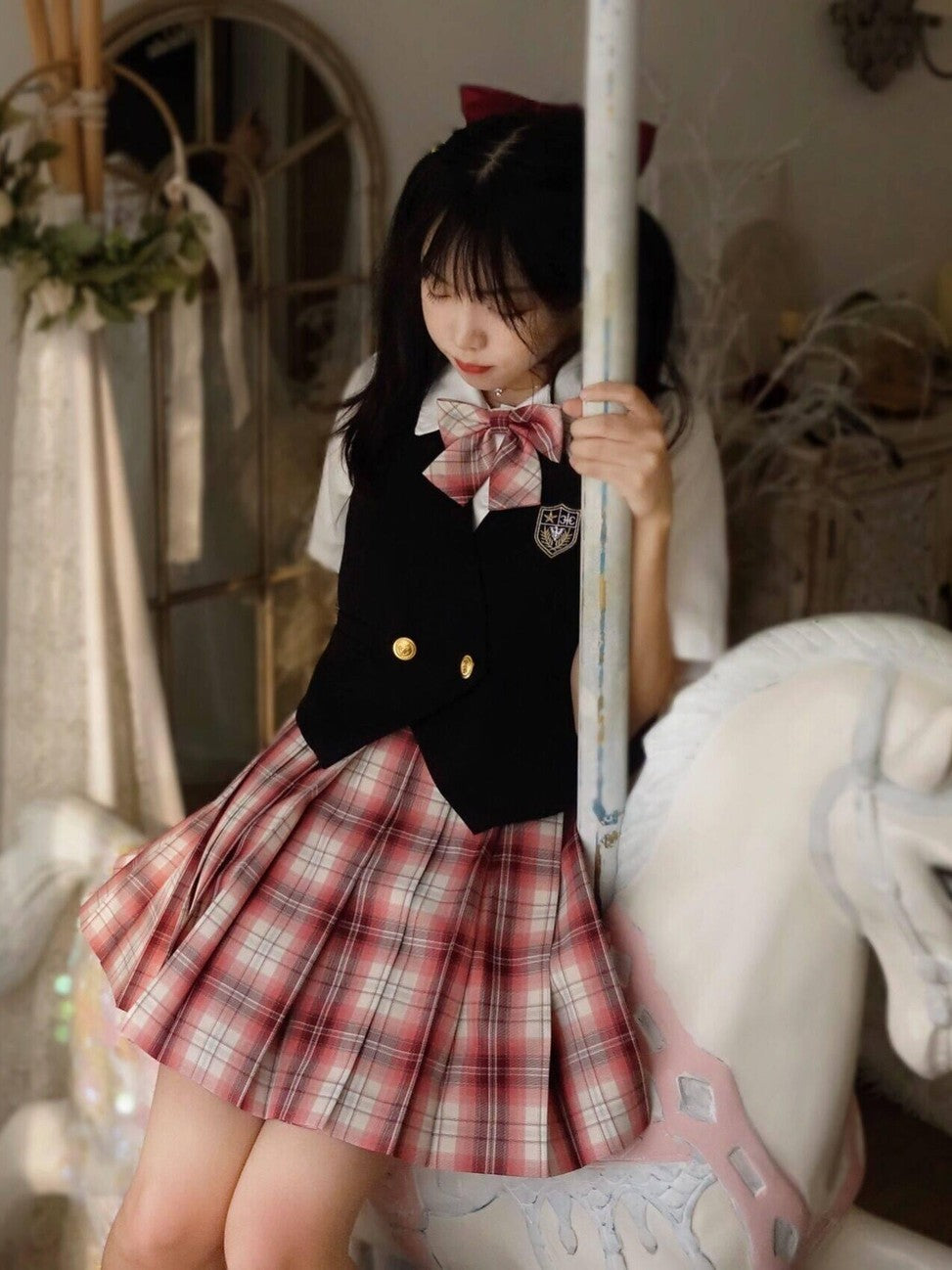 Sugar Girl Strawberry Plaid Pleated Jk Schoolgirl High Waist Aline Short Women's Skirt Sets