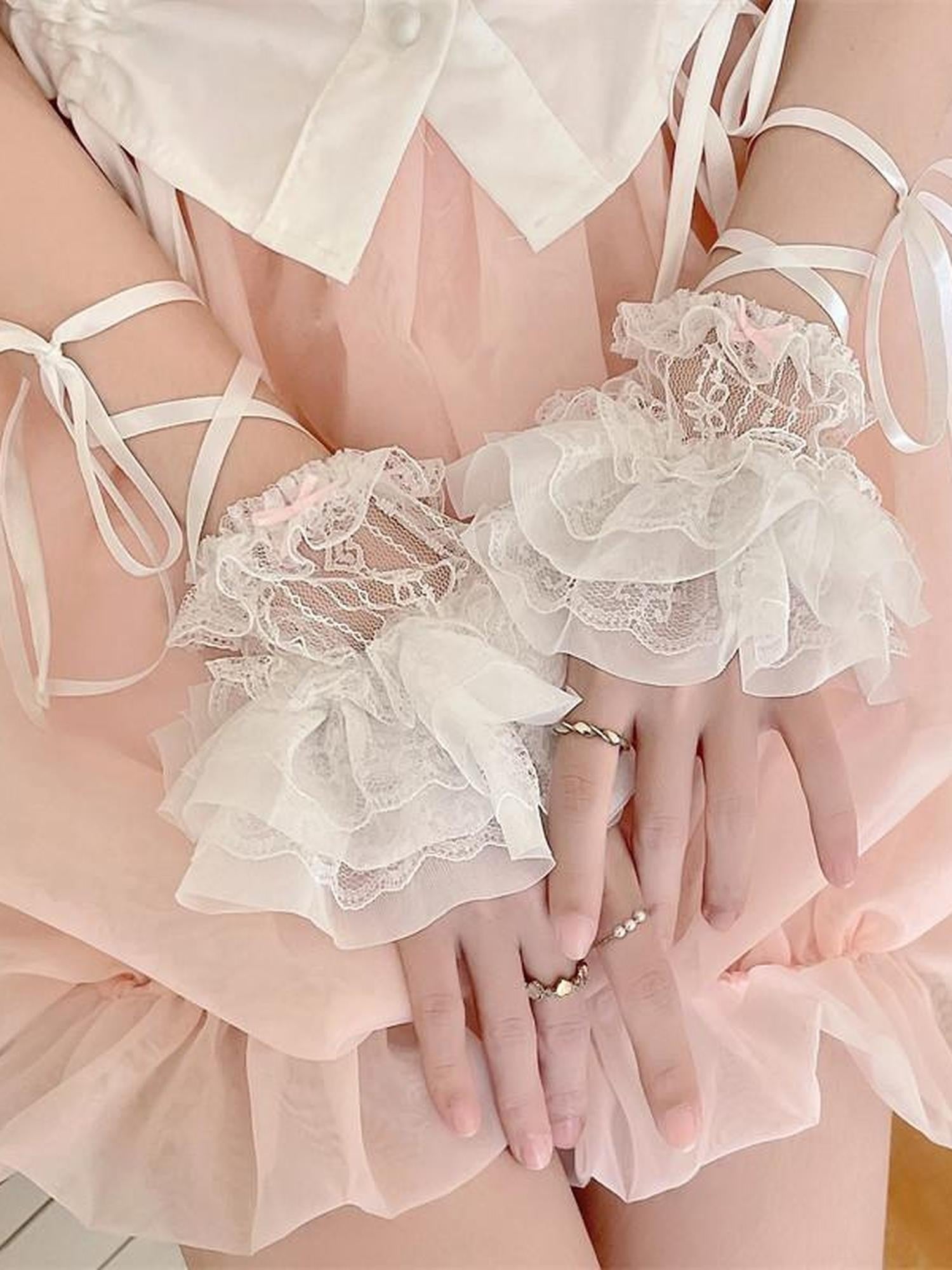 Sugar Girl Sweet Ballerina Lace Tie Women's Breathable Thin White Wrist Cuffs