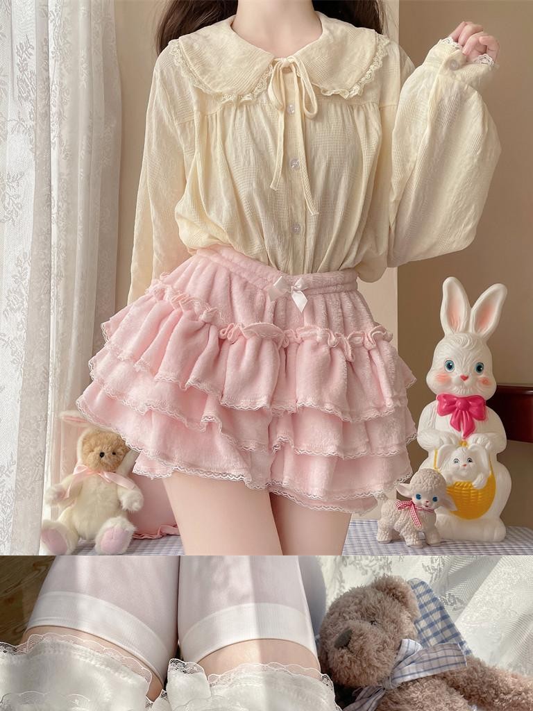 Sugar Girl White Fleece Lined Lolita Puff Lantern Jk Women's Flannel Short Bloomers