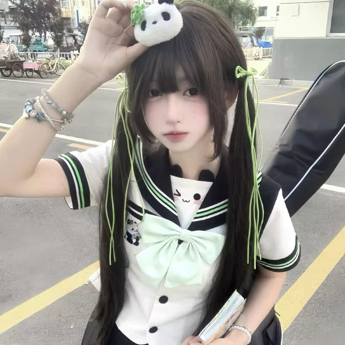 Sweet_Kawaii_JK_Bamboo_Bear_Sailor_Collar_Waist_Cinched_Women's_Polyester_Skirt_Sets_956061050341_MISSTT