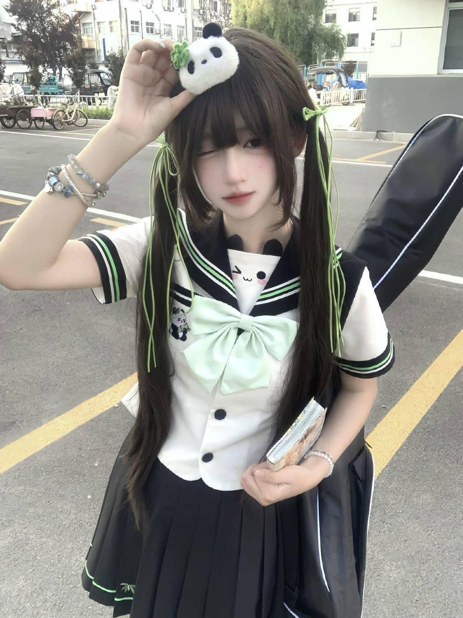 Sweet Kawaii JK Bamboo Bear Sailor Collar Waist Cinched Women's Polyester Skirt Sets