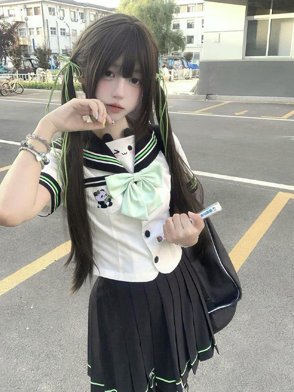 Sweet Kawaii JK Bamboo Bear Sailor Collar Waist Cinched Women's Polyester Skirt Sets