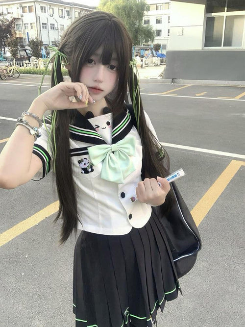 Sweet Kawaii JK Bamboo Bear Sailor Collar Waist Cinched Women's Polyester Skirt Sets