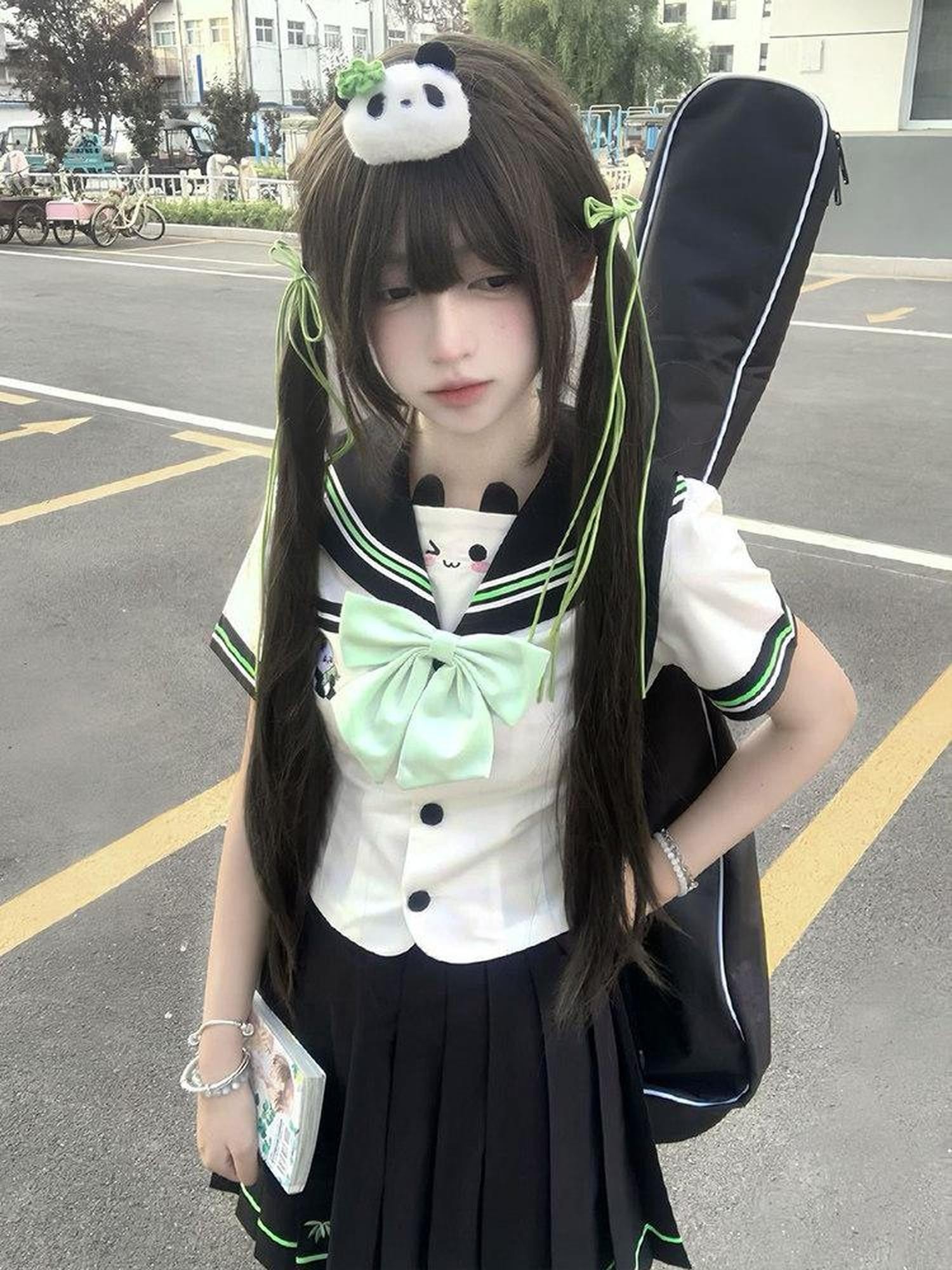 Sweet Kawaii JK Bamboo Bear Sailor Collar Waist Cinched Women's Polyester Skirt Sets