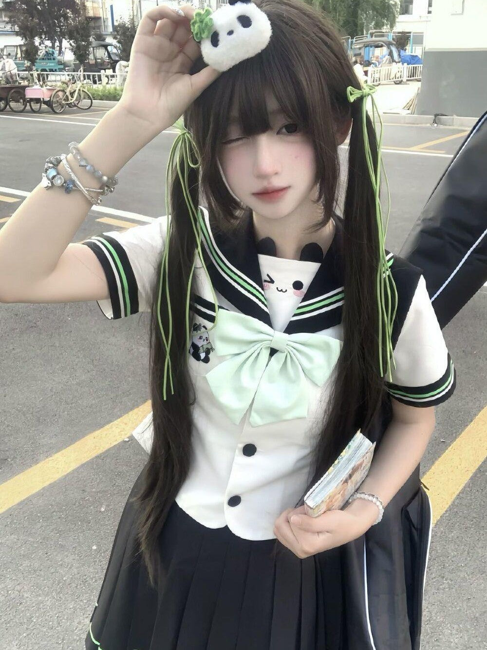 Sweet Kawaii JK Bamboo Bear Sailor Collar Waist Cinched Women's Polyester Skirt Sets