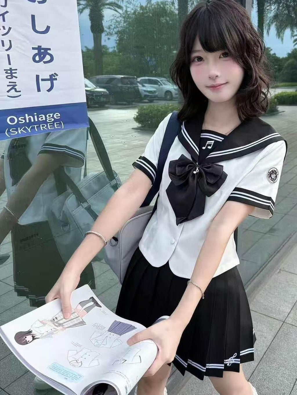 Sweet Kawaii JK Black And White Sailor Waist Slimming Women's Short Skirt Skirt Sets