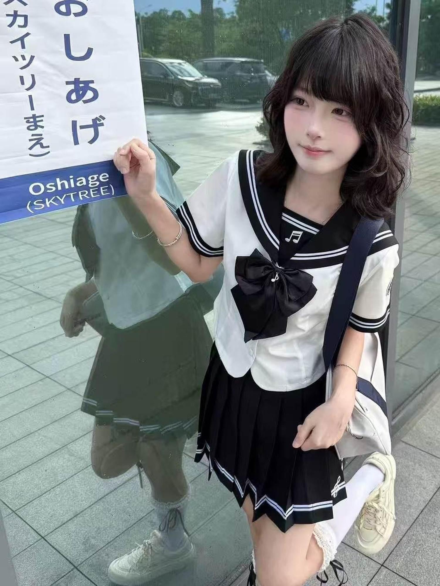 Sweet Kawaii JK Black And White Sailor Waist Slimming Women's Short Skirt Skirt Sets