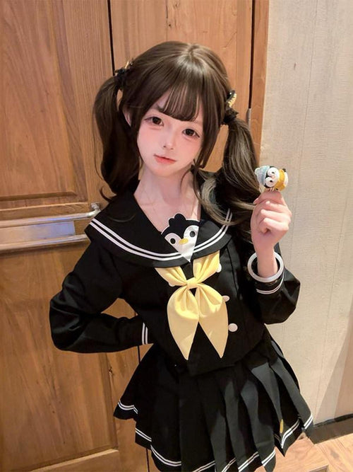 Sweet Kawaii JK Black Sailor Long Sleeve Cinched Waist Short Skirt Bow Women's Skirt Sets