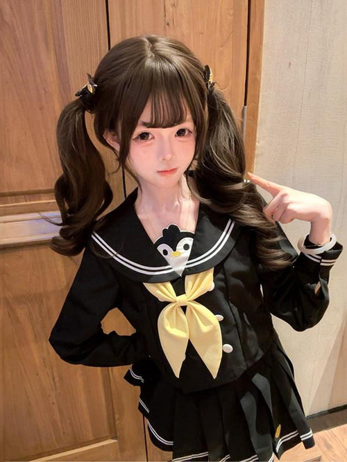 Sweet Kawaii JK Black Sailor Long Sleeve Cinched Waist Short Skirt Bow Women's Skirt Sets