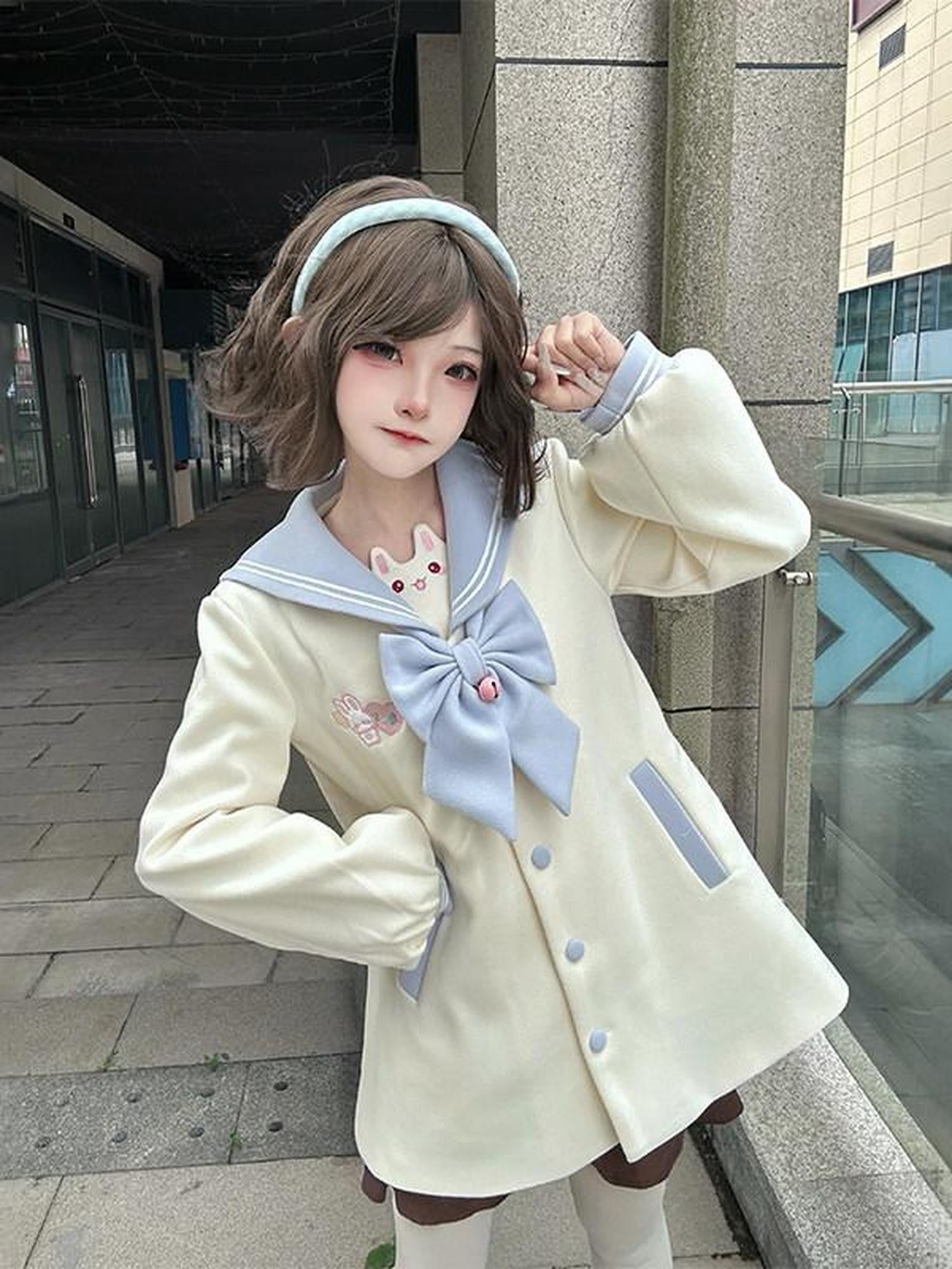 Sweet Kawaii JK Blue Embroidered Rabbit Tail Bow Lapel Jk Oversized Women's Coats