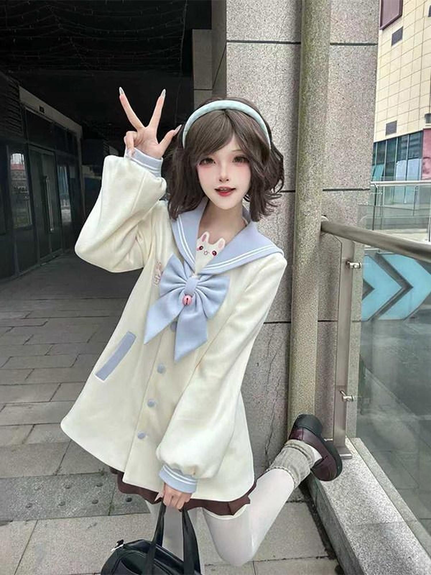 Sweet Kawaii JK Blue Embroidered Rabbit Tail Bow Lapel Jk Oversized Women's Coats