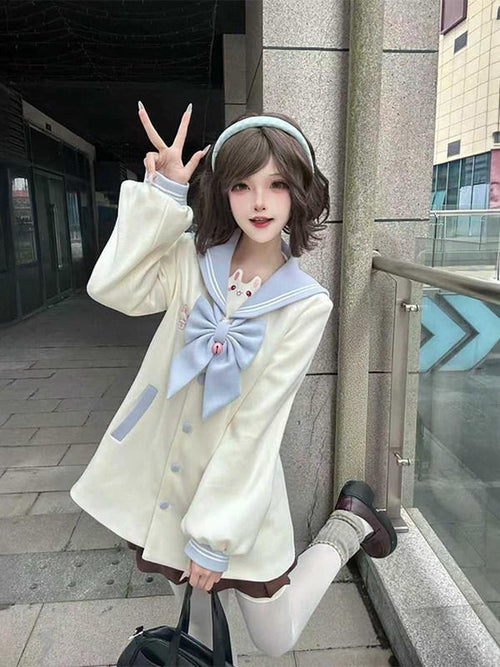 Sweet Kawaii JK Blue Embroidered Rabbit Tail Bow Lapel Jk Oversized Women's Coats