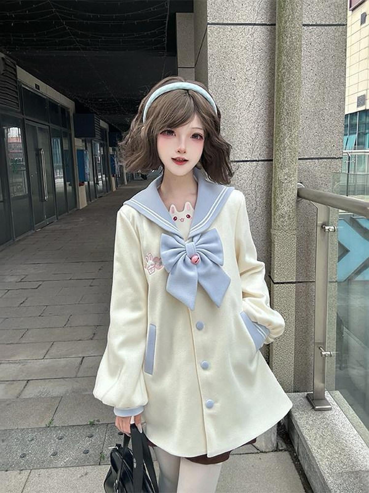 Sweet Kawaii JK Blue Embroidered Rabbit Tail Bow Lapel Jk Oversized Women's Coats