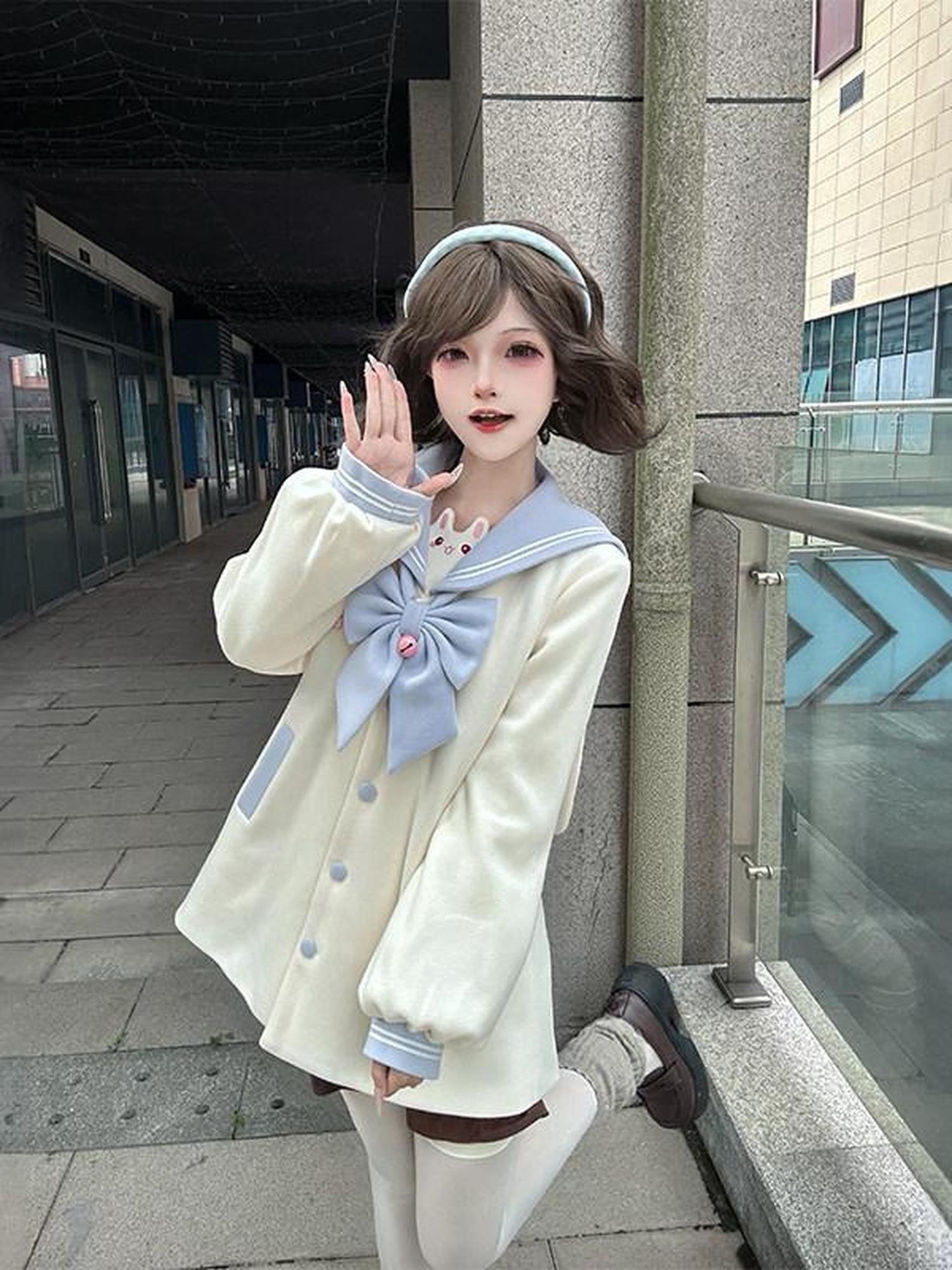 Sweet Kawaii JK Blue Embroidered Rabbit Tail Bow Lapel Jk Oversized Women's Coats
