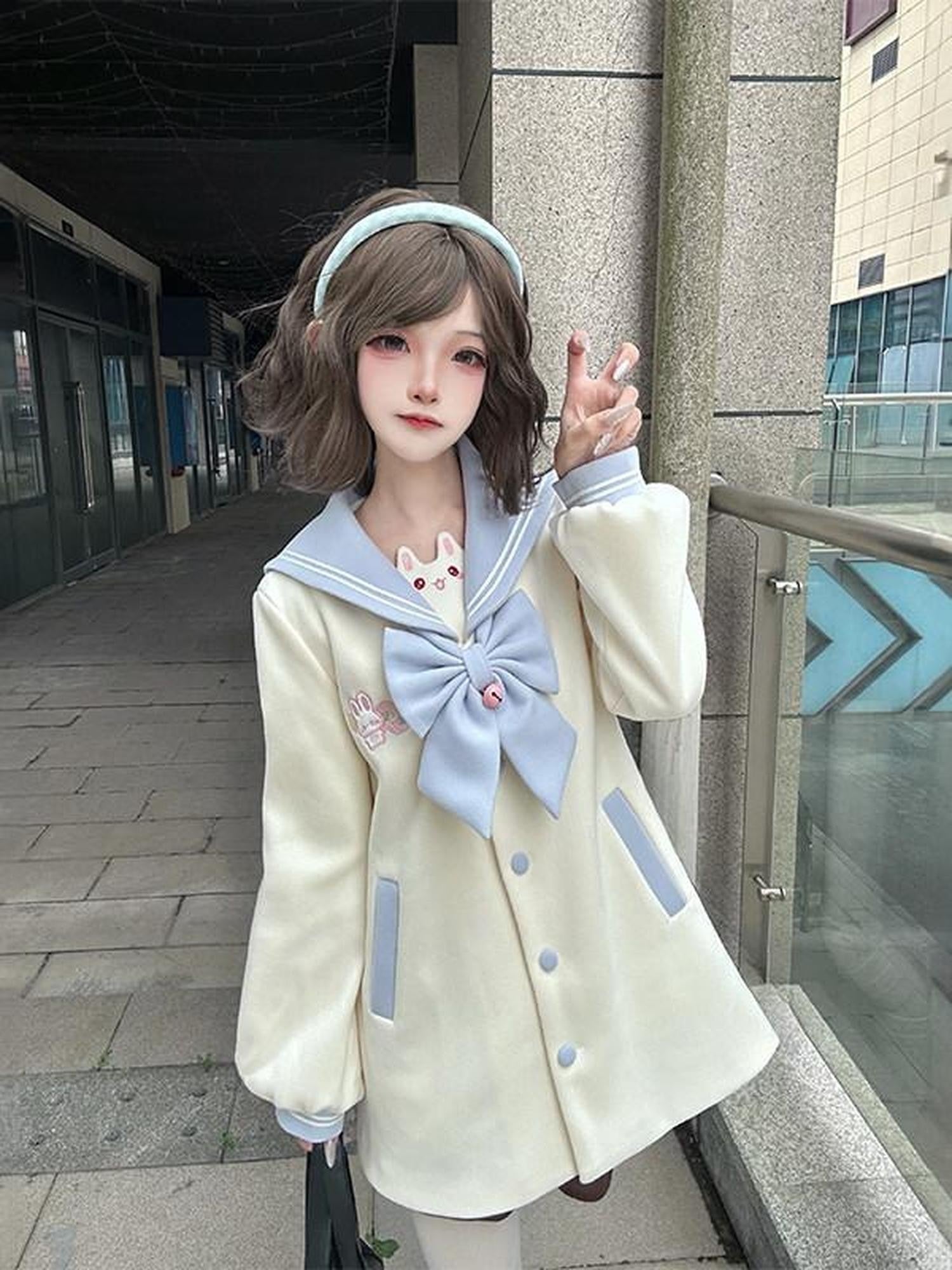 Sweet Kawaii JK Blue Embroidered Rabbit Tail Bow Lapel Jk Oversized Women's Coats