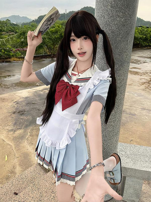 Sweet Kawaii JK Blue Sailor Jk Uniform Short Sleeve Lapel Women's Polyester Skirt Sets