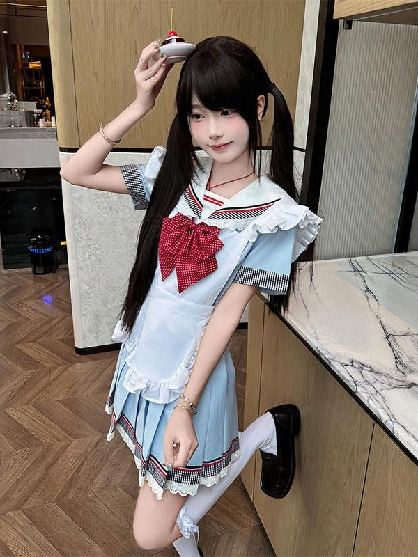 Sweet Kawaii JK Blue Sailor Jk Uniform Short Sleeve Lapel Women's Polyester Skirt Sets