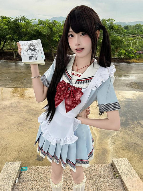 Sweet Kawaii JK Blue Sailor Jk Uniform Short Sleeve Lapel Women's Polyester Skirt Sets