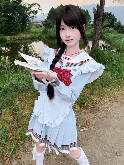 Sweet Kawaii JK Blue Sailor Lapel Short Sleeve Women's Polyester Short Skirt Skirt Sets