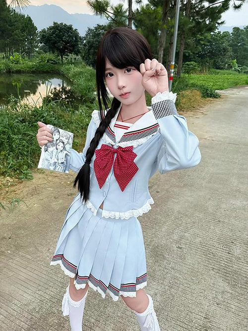 Sweet Kawaii JK Blue Sailor Lapel Short Sleeve Women's Polyester Short Skirt Skirt Sets