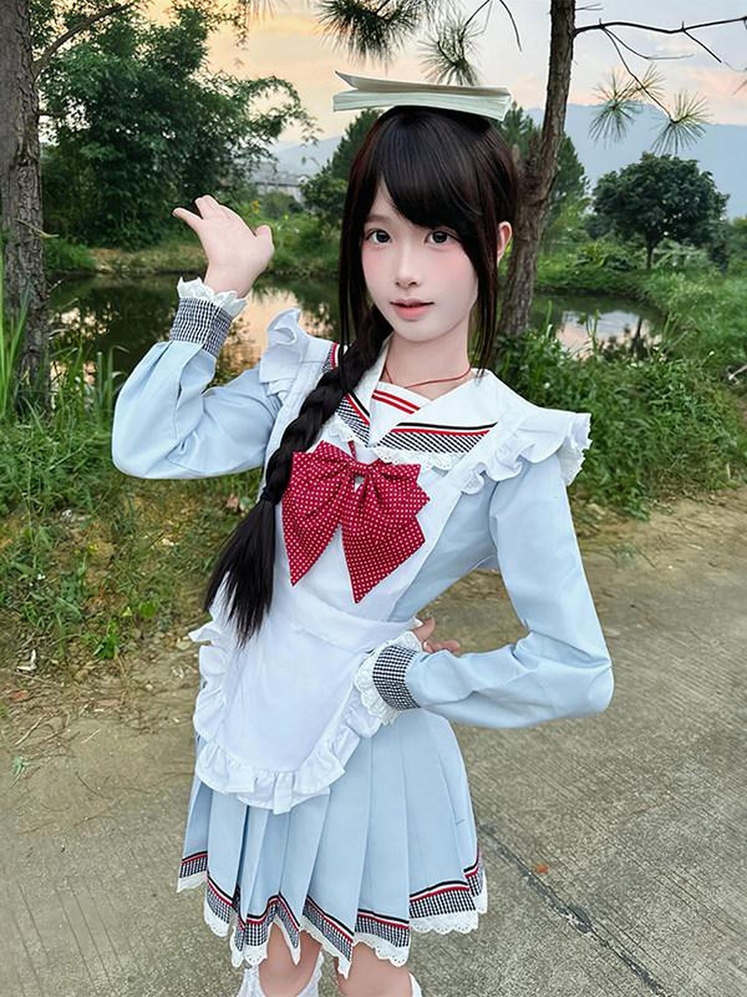 Sweet Kawaii JK Blue Sailor Lapel Short Sleeve Women's Polyester Short Skirt Skirt Sets