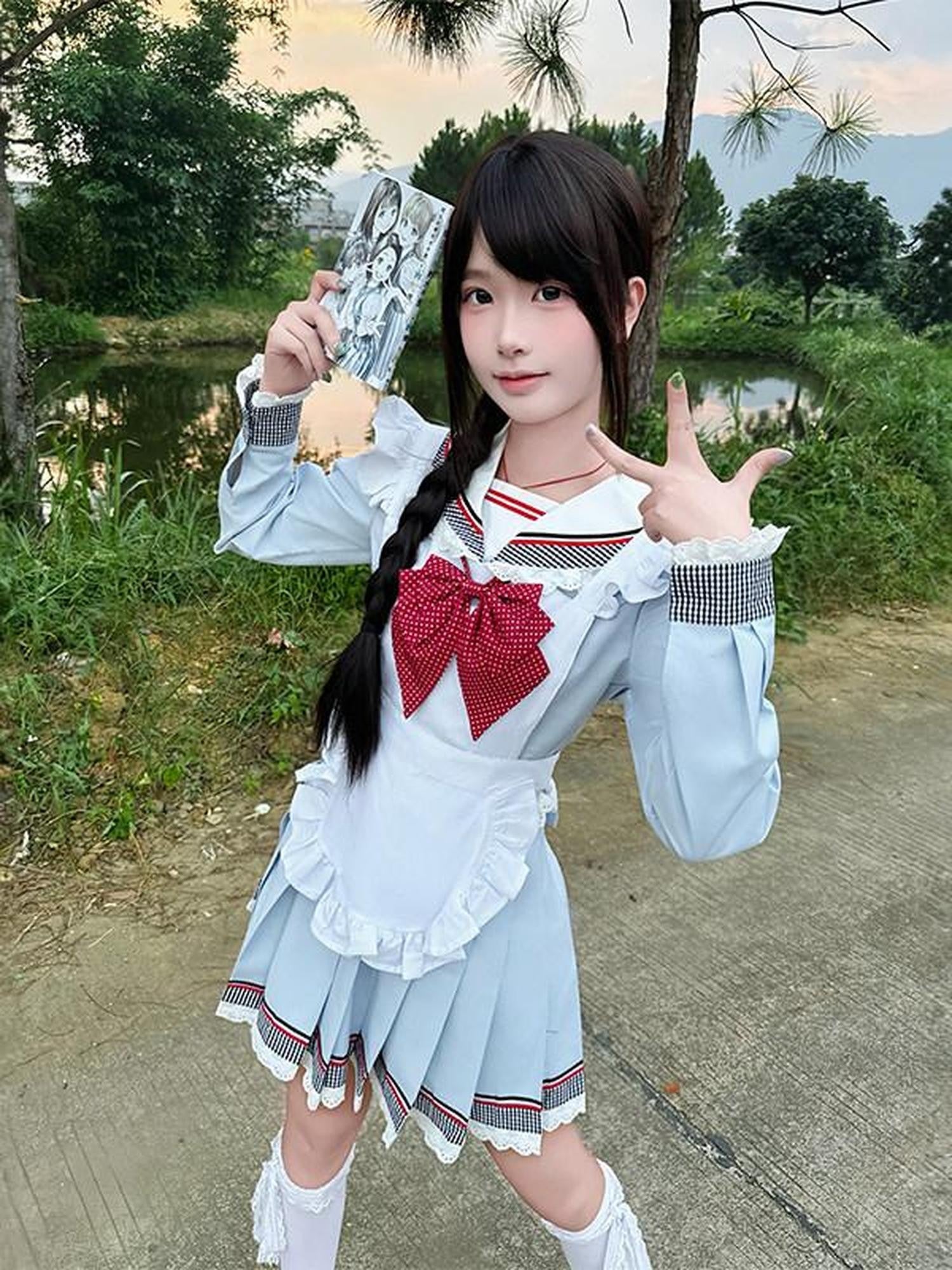 Sweet Kawaii JK Blue Sailor Lapel Short Sleeve Women's Polyester Short Skirt Skirt Sets