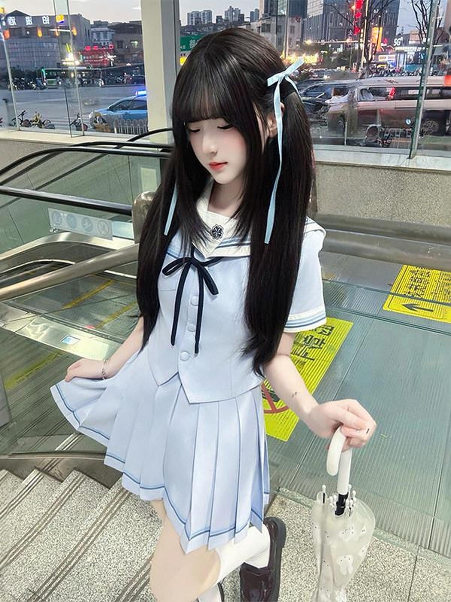 Sweet Kawaii JK Blue Sailor Waist Cinched Short Sleeve Collar Women's Polyester Skirt Sets
