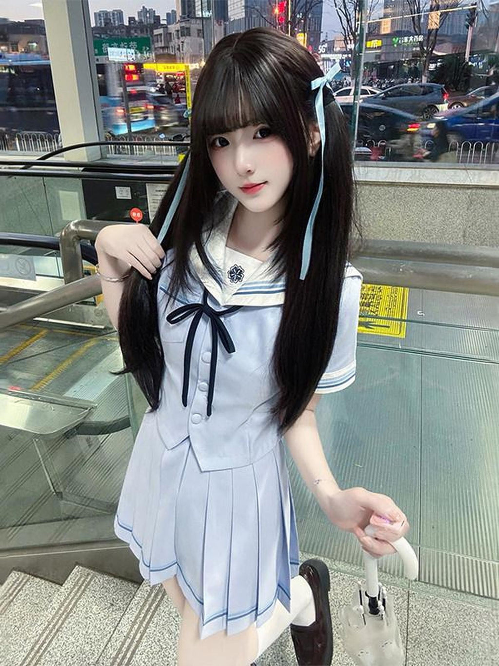 Sweet Kawaii JK Blue Sailor Waist Cinched Short Sleeve Collar Women's Polyester Skirt Sets