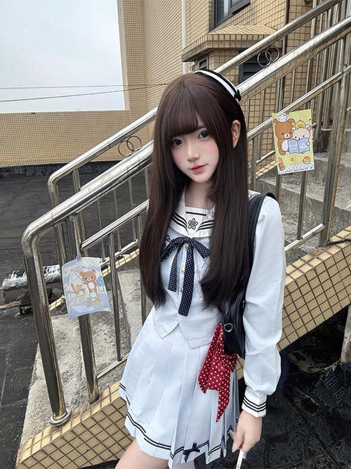 Sweet Kawaii JK Bluebell Polka Bow Waist Cinched Sailor Collar Long Sleeve Women's Skirt Sets