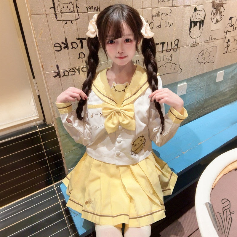 Sweet_Kawaii_JK_Bumblebee_Embroidered_Short_Sleeve_Sailor_Collar_Women's_Polyester_Skirt_Sets_1050946242389_MISSTT
