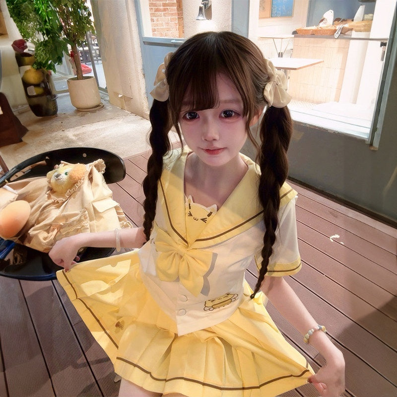 Sweet_Kawaii_JK_Bumblebee_Embroidered_Short_Sleeve_Sailor_Collar_Women's_Polyester_Skirt_Sets_1050946242389_MISSTT
