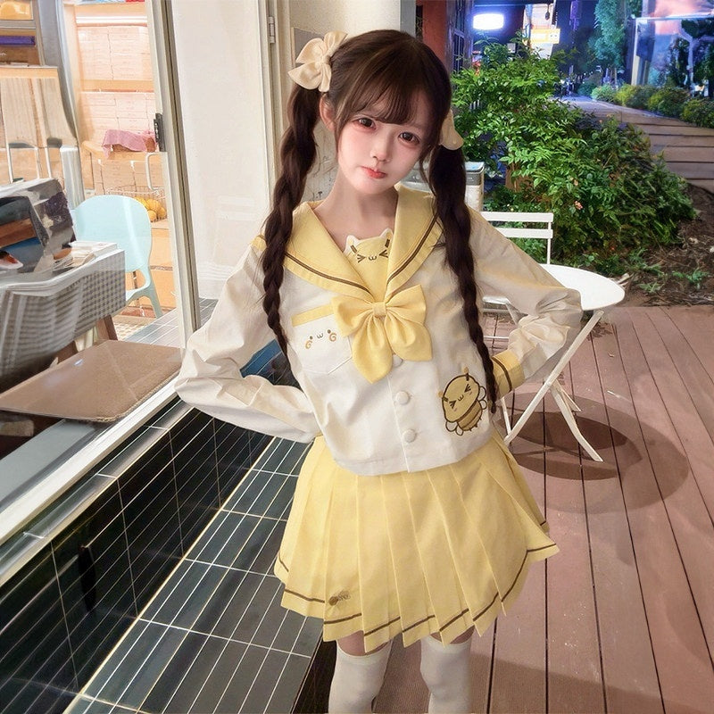 Sweet_Kawaii_JK_Bumblebee_Embroidered_Short_Sleeve_Sailor_Collar_Women's_Polyester_Skirt_Sets_1050946242389_MISSTT