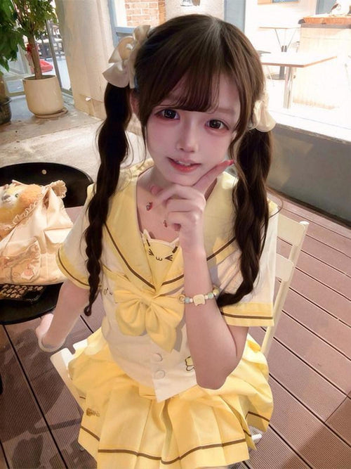 Sweet Kawaii JK Bumblebee Embroidered Short Sleeve Sailor Collar Women's Polyester Skirt Sets