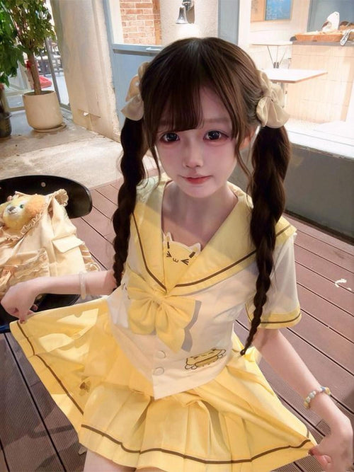 Sweet Kawaii JK Bumblebee Embroidered Short Sleeve Sailor Collar Women's Polyester Skirt Sets
