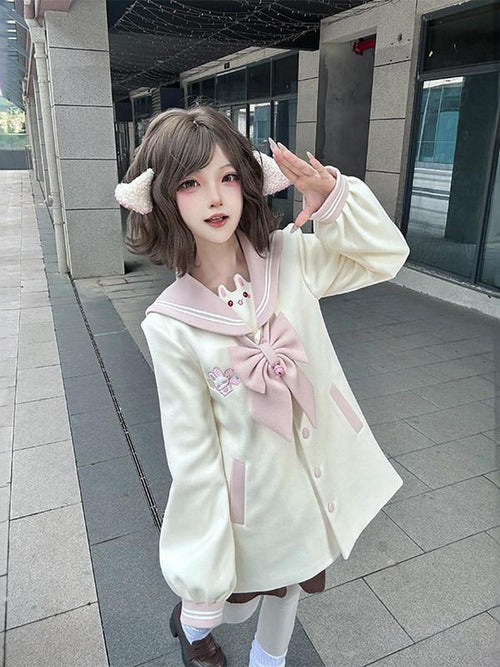 Sweet Kawaii JK Candy Heart Embroidered Lapel Bow Rabbit Tail Women's Polyester Skirt Sets