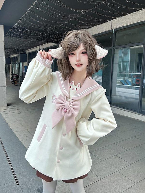 Sweet Kawaii JK Candy Heart Embroidered Lapel Bow Rabbit Tail Women's Polyester Skirt Sets