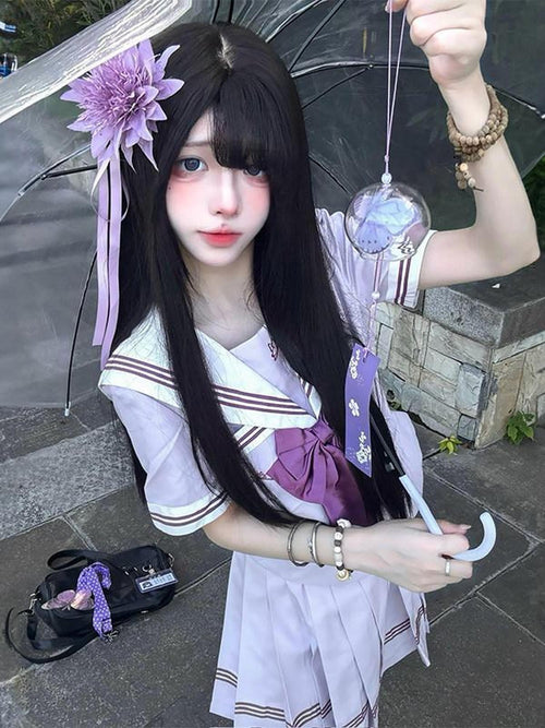 Sweet Kawaii JK Cinched Waist Sailor Collar Short Sleeve Women's Polyester Skirt Sets