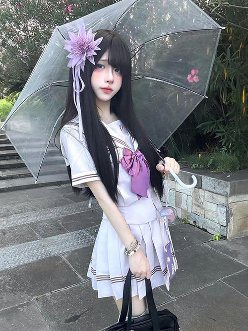 Sweet Kawaii JK Cinched Waist Sailor Collar Short Sleeve Women's Polyester Skirt Sets