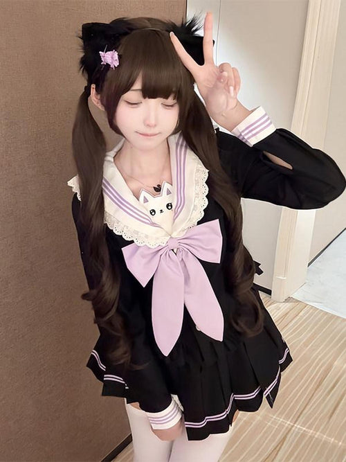 Sweet Kawaii JK Cinched Waist Short Sailor Jk Collar Women's Polyester Skirt Sets