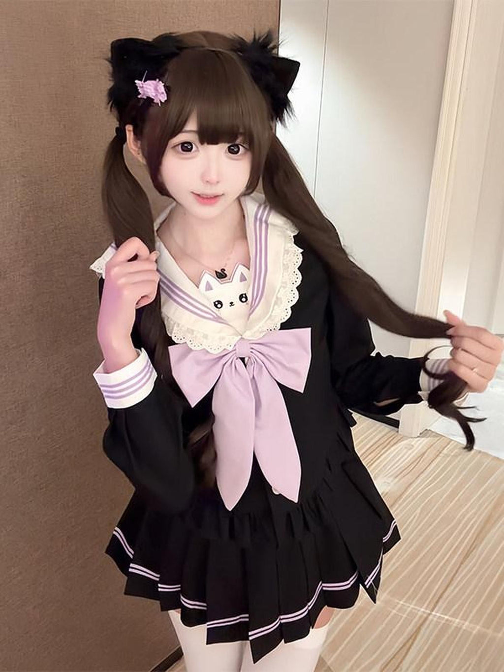 Sweet Kawaii JK Cinched Waist Short Sailor Jk Collar Women's Polyester Skirt Sets