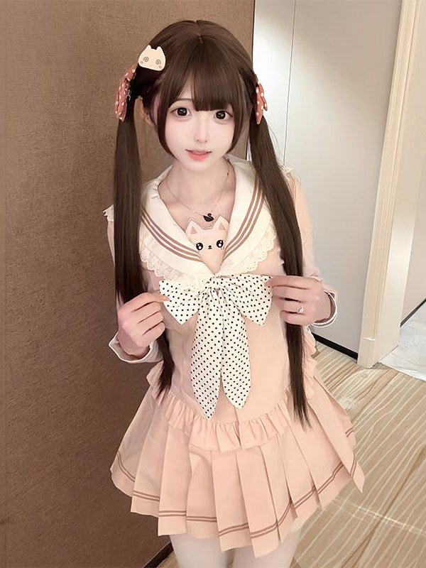 Sweet Kawaii JK Cinched Waist Short Sailor Jk Collar Women's Polyester Skirt Sets