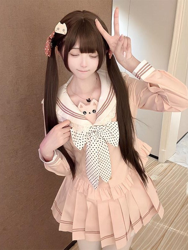 Sweet Kawaii JK Cinched Waist Short Sailor Jk Collar Women's Polyester Skirt Sets