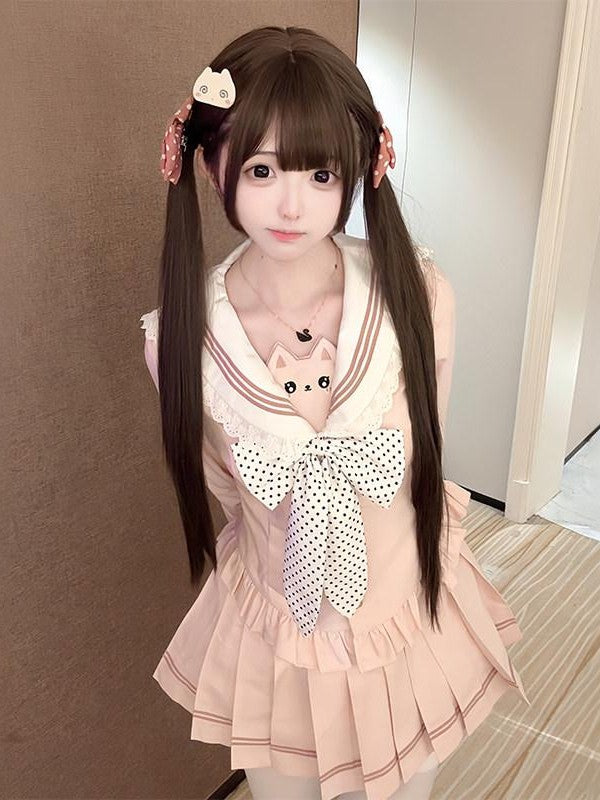 Sweet Kawaii JK Cinched Waist Short Sailor Jk Collar Women's Polyester Skirt Sets