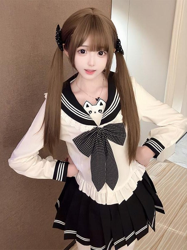 Sweet Kawaii JK Cinched Waist Short Sailor Jk Collar Women's Polyester Skirt Sets