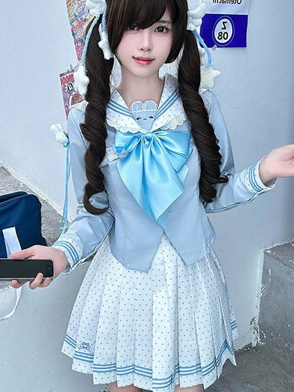 Sweet Kawaii JK Cloud Bunny Polka Dot Sailor Waist Cinched Women's Polyester Skirt Sets