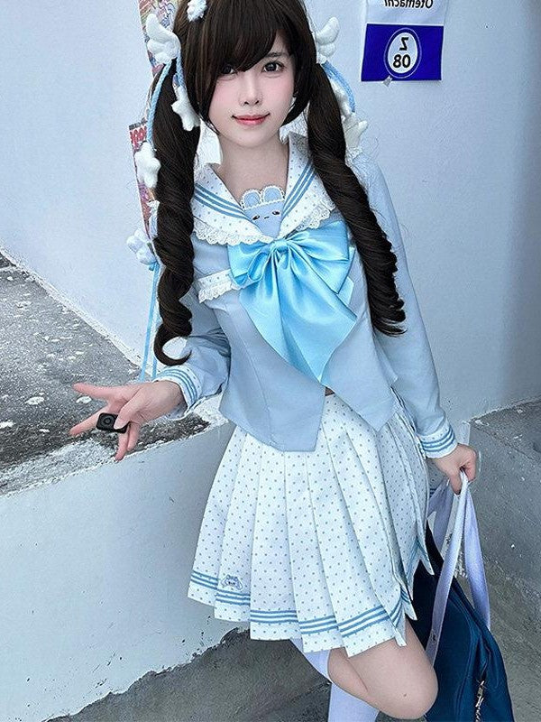 Sweet Kawaii JK Cloud Bunny Polka Dot Sailor Waist Cinched Women's Polyester Skirt Sets