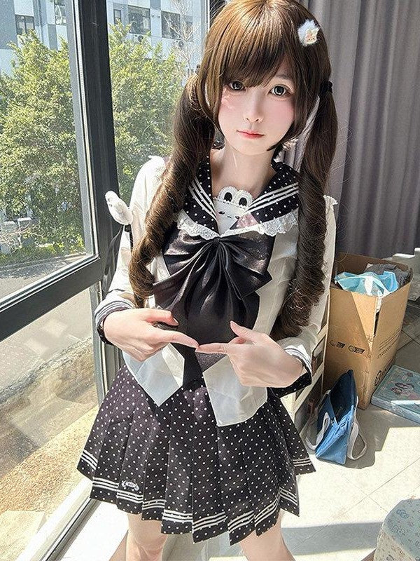 Sweet Kawaii JK Cloud Bunny Polka Dot Sailor Waist Cinched Women's Polyester Skirt Sets