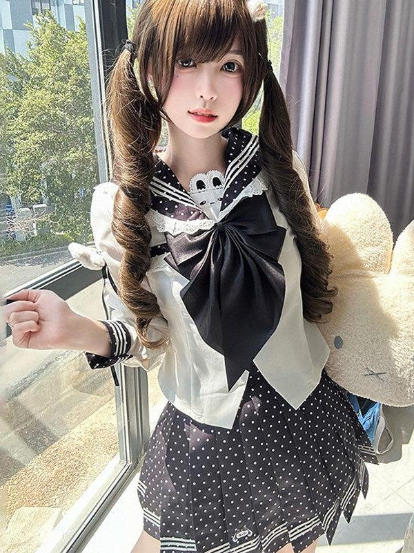 Sweet Kawaii JK Cloud Bunny Polka Dot Sailor Waist Cinched Women's Polyester Skirt Sets