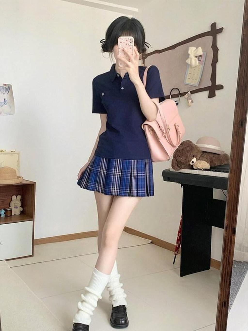 Sweet Kawaii JK Collared Polo Pleated Plaid Jk Schoolgirl Women's Polyester Skirt Sets