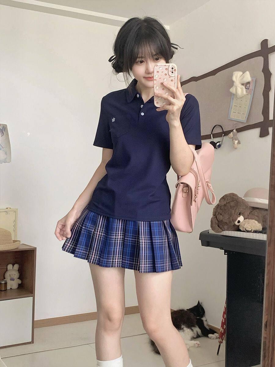 Sweet Kawaii JK Collared Polo Pleated Plaid Jk Schoolgirl Women's Polyester Skirt Sets